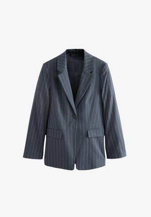 Navy striped blazer made of fabric, featuring a single button closure, notched lapels, and two front pockets. Soft texture, tailored fit.