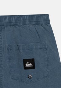 Modré kraťasy s elastickým pasem, mají zadní kapsu s černou nálepkou a stříbrným logem. Hladká textura a ležérní design.