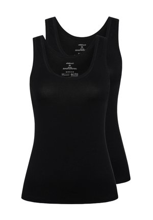 Zwei schwarze ärmellose Tanktops, schlichtes Design, Rundhalsausschnitt, gestapelt, wobei das vordere Tanktop leicht das hintere überlappt.