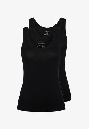Zwei schwarze ärmellose Tanktops, schlichtes Design, Rundhalsausschnitt, gestapelt, wobei das vordere Tanktop leicht das hintere überlappt.
