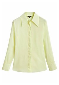 Camicia gialla a maniche lunghe con colletto classico, chiusura con bottoni e texture liscia. I polsini sono strutturati con una leggera curvatura all'orlo.