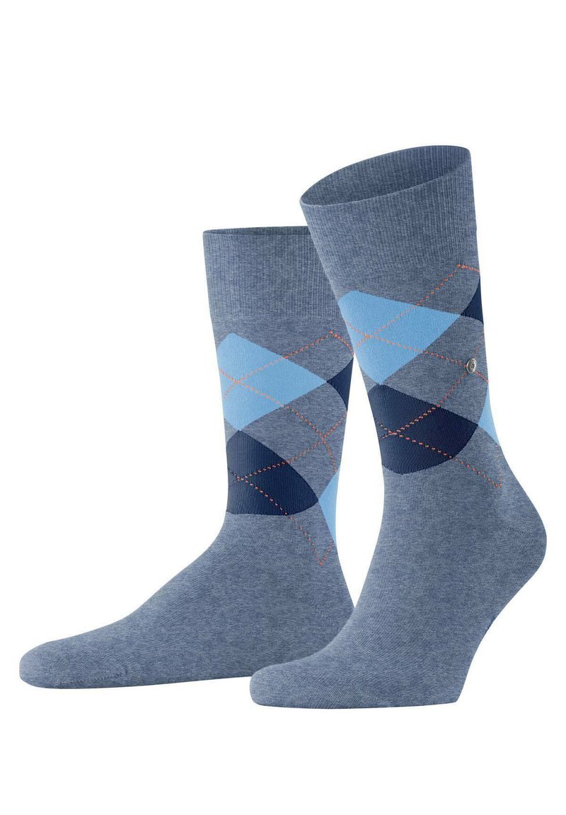 Calzini argyle azzurro chiaro e blu navy con base grigia, caratterizzati da una leggera trama a coste e cuciture di accentuazione arancione, realizzati in misto cotone.