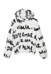 Felpa bianca con testo nero in stile pennellata in spagnolo. Presenta un cappuccio con cordino e polsini elasticizzati, con un fit cropped e largo.