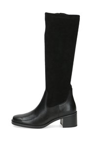 Botas negras hasta la rodilla con una punta de piel, caña de ante suave, acabado texturizado y un tacón cuadrado para mayor estabilidad.