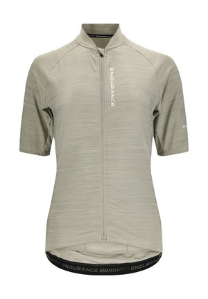 Korte mouwen fietsshirt in lichtgrijs met een gestructureerd patroon, volle voorkant rits, en zwarte elastische zoom met "ENDURANCE" branding.