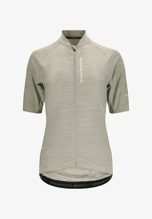Korte mouwen fietsshirt in lichtgrijs met een gestructureerd patroon, volle voorkant rits, en zwarte elastische zoom met "ENDURANCE" branding.