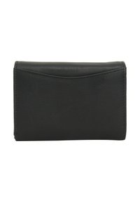 Black leather wallet with a smooth texture, rectangular shape, subtle curved seam detail on the front, and clean stitching along the edges.