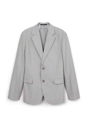 Helles graues Sakko aus strukturiertem Stoff, mit Reverskragen, zwei Fronttaschen und zwei Knopfverschluss.