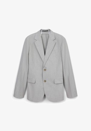 Helles graues Sakko aus strukturiertem Stoff, mit Reverskragen, zwei Fronttaschen und zwei Knopfverschluss.