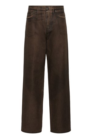 Brown wide-leg jeans made of soft denim. Features a button closure, two front pockets, and minimal stitching details. Smooth texture.