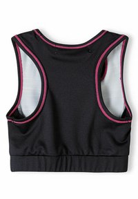 Crni sportski crop top s ružičastim kontrastnim šavovima, dizajnom s racerback-om i glatkom teksturom. Sadrži mrežastu podstavu i elastičnu traku u struku.