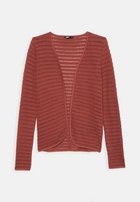 Rød strikket cardigan med ribbet tekstur, åben frontdesign og lange ærmer. Letvægtsstof velegnet til lagdeling.