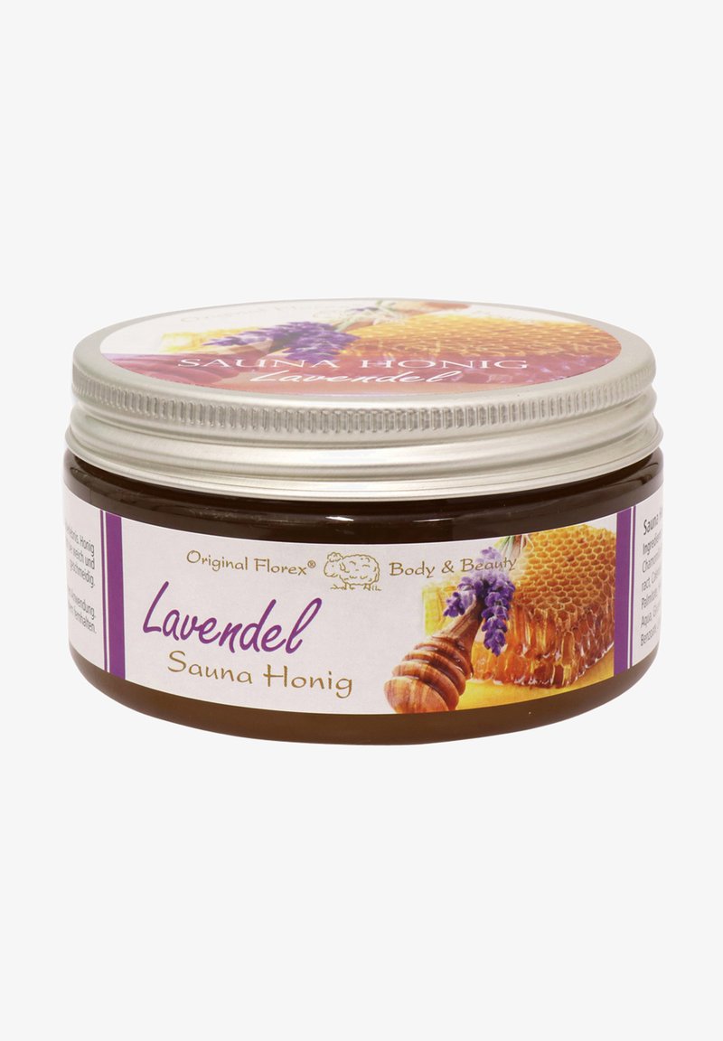 Braunes Glas mit Lavendel-Saunahonig und silbernem Schraubverschluss, versehen mit einem bunten Etikett, das Lavendelblüten und Wabenmuster zeigt.