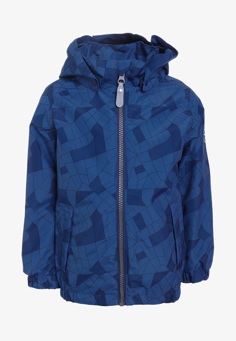 Blue patterned jacket with a hood, front zip closure, and elastic cuffs. Made of lightweight, water-resistant material with side pockets.