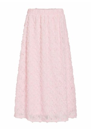 Jupe midi A-line rose clair avec superposition en dentelle florale et un tissu doux et texturé.