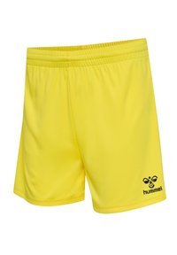 Gula sportshorts i lätt material, med resårmidja och en svart logotyp på nedre högra sidan.