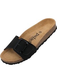 Zwarte slidesandaal met een gespsluiting, kurken voetbed en een gestructureerde rubberen zool. Bevat een tan, suede-achtige inlegzool met merklogo.