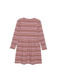 Langärmliges Kleid aus weichem Stoff, mit horizontalen Streifen in Rosa, Creme und Braun. Geraffte Taille mit ausgestellt Rock.