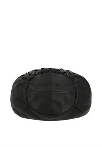 Black leather rounded handbag with woven detailing at the top and smooth stitched leather base against a white background.