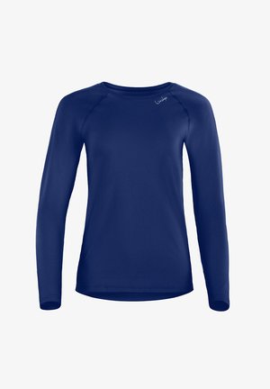 Top cu mâneci lungi, de culoare albastru marin, confecționat dintr-un material neted, cu un gât rotund, având mâneci raglan și un mic logo pe piept.
