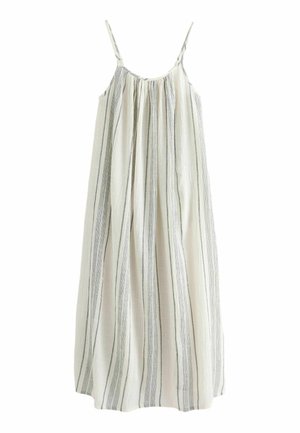 Sleeveless midi dress with thin straps, loose fit, and vertical black and white stripes on lightweight fabric.