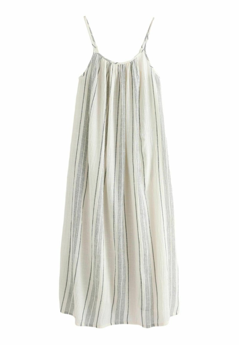Robe midi sans manches avec fines bretelles, coupe ample et rayures verticales noires et blanches sur un tissu léger.
