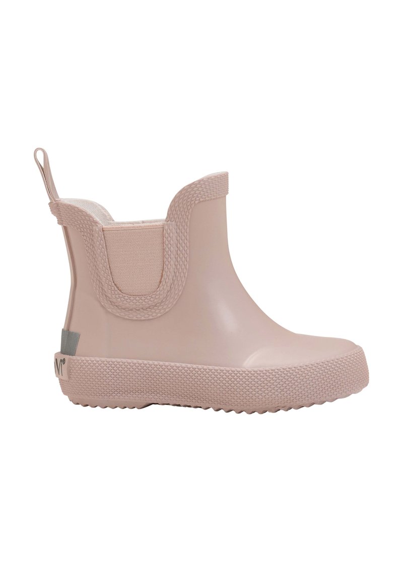 Botte de cheville en caoutchouc rose avec un bord texturé, un panneau latéral élastique et une languette de traction, dotée d'une semelle à motifs pour une meilleure adhérence.