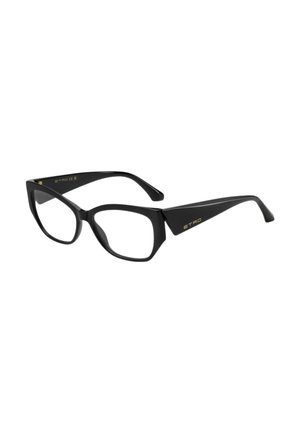 Occhiali da vista neri a forma di occhio di gatto con montature spesse e lenti trasparenti, con logo dorato "ETRO" sulle aste.