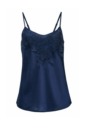Camisola de satén color azul marino con tirantes ajustables y un encaje superpuesto en el escote. Textura suave, forma ligeramente acampanada y detalles intrincados.
