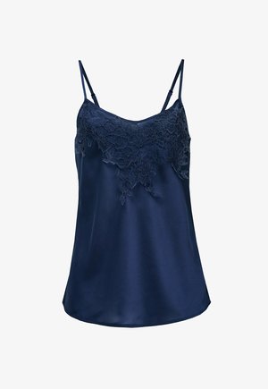 Camisole en satin bleu marine avec bretelles ajustables et une superposition de dentelle au niveau du décolleté. Texture lisse, forme légèrement évasée et détails raffinés.