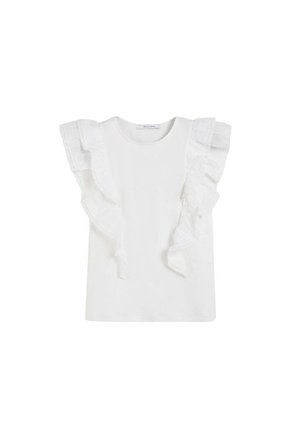 Blusa blanca sin mangas con ribete de encaje con volantes a lo largo de los hombros y los lados, con escote redondo.
