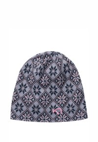 Virkat mössa i ljusblått och rosa, med ett diamantmönster och snöflingedesign. Inkluderar en rosa logotypaccent på sidan.