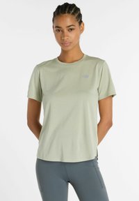 Light green, short-sleeve athletic t-shirt with a round neckline and textured fabric. Features a small logo on the chest.