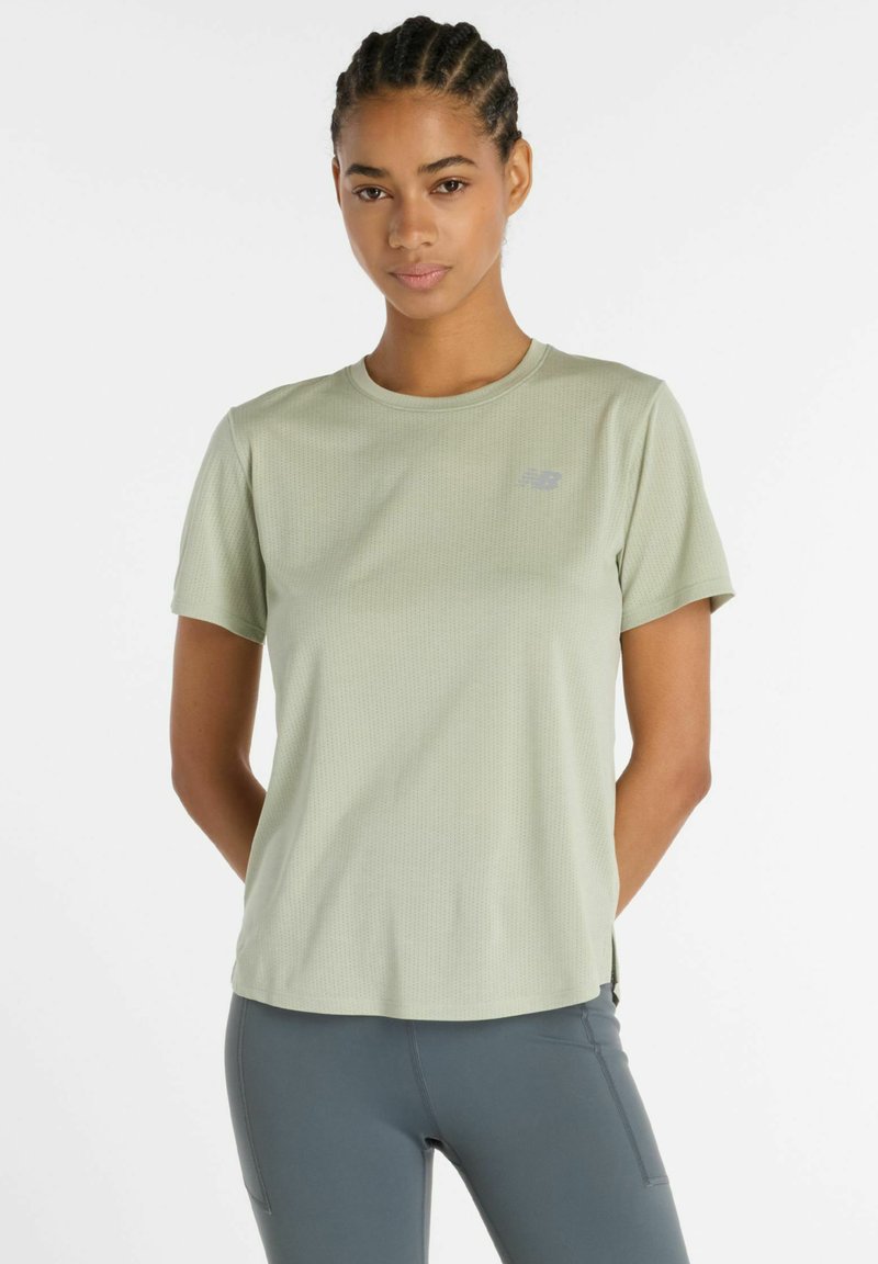 Light green, short-sleeve athletic t-shirt with a round neckline and textured fabric. Features a small logo on the chest.