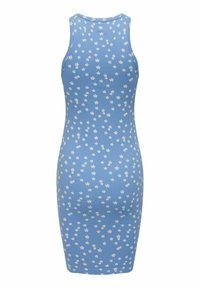 Robe sans manches, ajustée, de couleur bleue avec un motif floral de marguerites blanches, col montant et ourlet au genou.