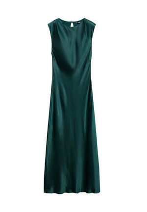 Vestido midi de satén verde oscuro sin mangas con un escote redondo y un pequeño cierre de botón en forma de llave en la parte posterior.