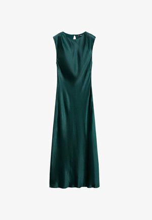 Sleeveless dark green satin midi dress with a round neckline and a small keyhole button closure at the back.