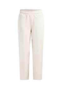 Beige bukser med elastik i taljen, afslappet pasform, lige ben og sidelommer. Fremstillet af blødt stof med en glat tekstur.
