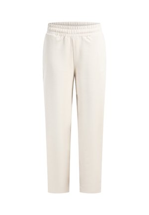 Pantalones beige con cintura elástica, ajuste holgado, piernas rectas y bolsillos laterales. Fabricados con tela suave que presenta una textura lisa.