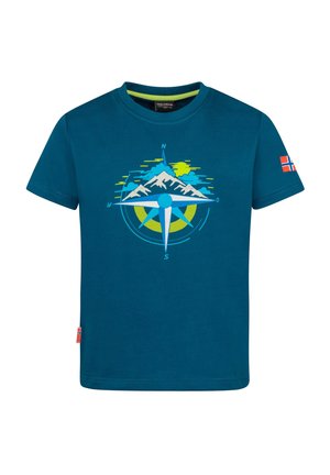 Blue short-sleeve t-shirt with a compass and mountain graphic on the front and a small flag on the left sleeve.