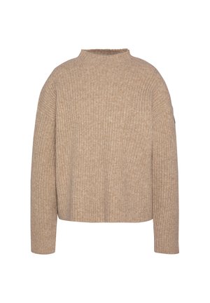 Pull en maille côtes beige avec un col rond haut, des manches longues et un ourlet légèrement court.
