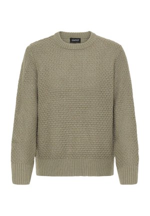 Khaki gestrickter Pullover mit einem strukturierten Muster, Rundhalsauschnitt und geripptem Saum sowie Bündchen. Hergestellt aus einem weichen, warmen Material.