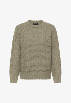 Kaki adīts džemperis ar teksturētu rakstu, apaļu kakla izgriezumu un ribotu apakšmalu un piedurknēm. Izgatavots no mīksta, siltā materiāla.