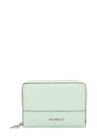 Mint green leather wallet with a zip closure, featuring a smooth texture, black accents, and a silver logo detail on the front.