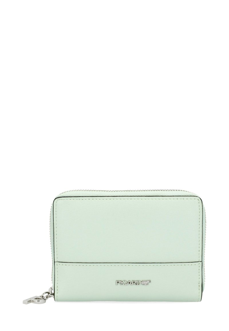 Mint green leather wallet with a zip closure, featuring a smooth texture, black accents, and a silver logo detail on the front.