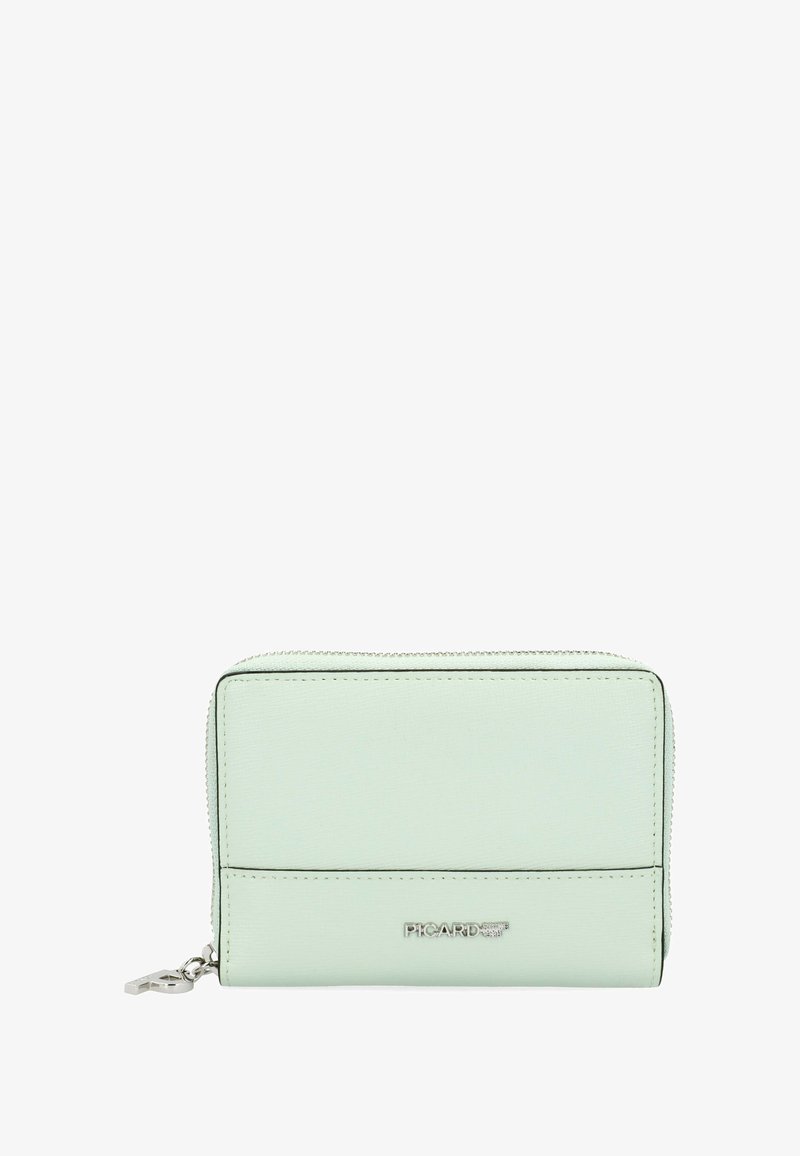 Mint green leather wallet with a zip closure, featuring a smooth texture, black accents, and a silver logo detail on the front.