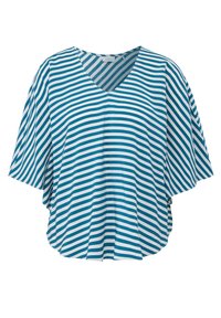 Blauwe en witte gestreepte top met korte mouwen en een V-hals ontwerp. Gemaakt van zachte stof, met vloeiende zijnaad en een relaxte pasvorm.