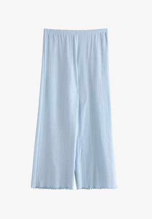 Lyseblå, ribbestrikkede bukser med brede ben, elastisk talje og bølgede kanter på en hvid baggrund.
