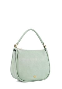 Borsa a mano in pelle verde chiaro con forma arrotondata, texture liscia e manico a spirale. Accenti in metallo dorato e logo nella parte inferiore.