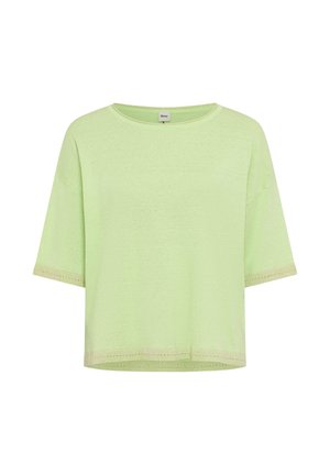 Lysegrøn t-shirt med korte ærmer, rund hals, løs pasform og simple kantdetaljer på ærmerne og i bunden.